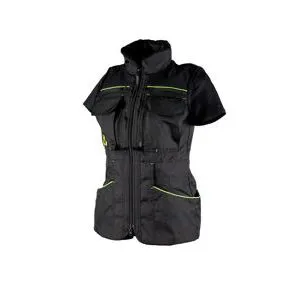 Black women's jacket with neon green trim for dog training.