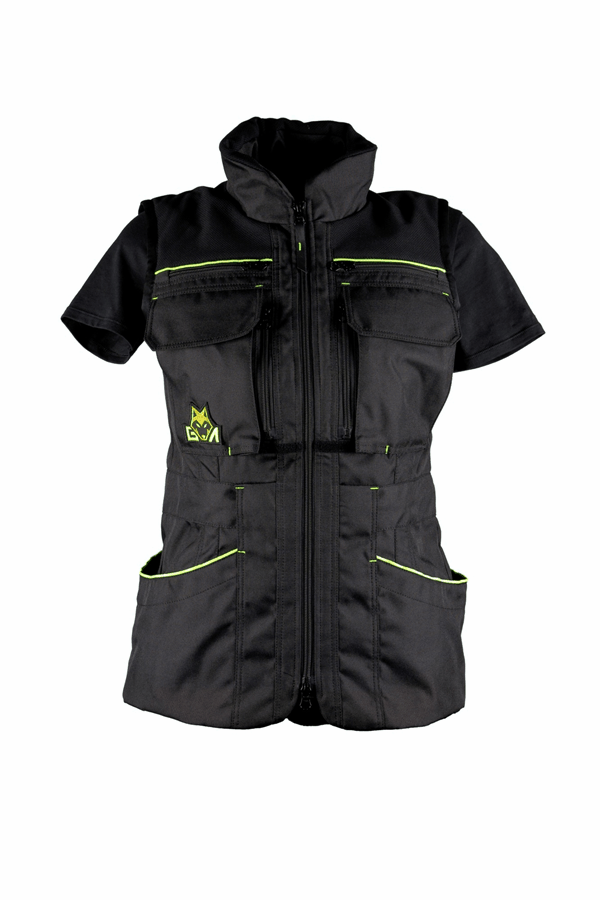 Black women's jacket with neon green trim for dog training.